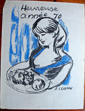 GRAND PASTEL ET FUSAIN PAR PIERRE CORNU"HEUREUSE ANNÉE 70"- 65X50 CM