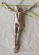Ancien christ évidé de 25 cm fonte nickelé : neuf ! cercueil pompe funèbre