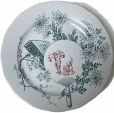 Plat à Gâteau faïence LONGWY modèle PÉKIN fleurs éventail personnages bleu rouge