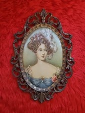 PETIT TABLEAU CADRE MÉTAL PEINTURE SUR SOIE FEMME RENAISSANCE DAME MADE ITALY 