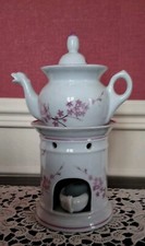 Ancienne Veilleuse Théière Tisanière en Porcelaine Décor Floral Rose/Blanc