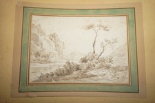 Ecole FRANCAISE XVIII DESSIN LAVIS ENCRE PAYSAGE CHAMPETRE RIVIERE ARBRES 1780