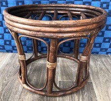 Ancien Tabouret / Pouf Vintage En Rotin Ton Foncé H 34 D 45 Cm #2