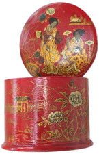 Boite à poudre en papier maché rouge Japonnais ancienne,  AUTOUR 1920, diam  8cm