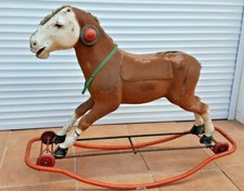 jouet ancien Cheval à roulettes et bascule en carton bouilli Jouet enfant 1950