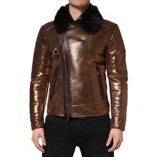 Dolce & Gabbana Veste Bronze Cuir Fourrure Fermeture Éclair Men Motard IT46/US36