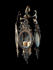 Petit lampadaire en bronze ancien, 6 fenetres ovales de verre gravé et bisoté