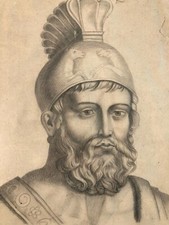 Très Beau Dessin XIXe a l antique Guerrier Barbe Casque Romain Ancien Art Rome