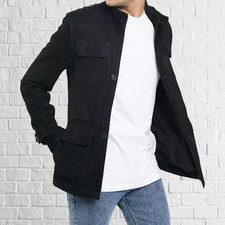 Neuf Noir Hommes Cuir Daim Manteau Élégant Bouton Poches Modèle