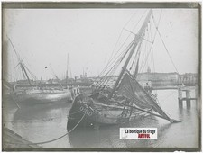 Bateau, port, ville, photo ancienne plaque verre, noir & blanc, 9x12 cm