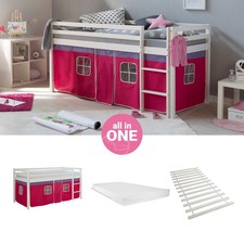 Lit superposé 90x200 Matelas d'enfant mezzanine Lattes Rideau Rose Homestyle4u