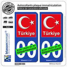 2 Stickers autocollant plaque immatriculation Auto : Turquie - Armoiries Drapées