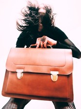 Ancien cartable d'écolier en vinyle marron fauve | Vintage 60s