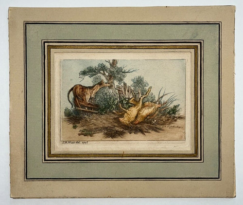 Chien chasse gravure eau - chien, forte