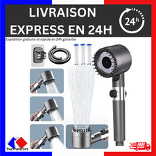 Pommeau de Douche Haute Pression, Tuyau 1.5M et Support, 4 Modes, Bouton D'arrêt