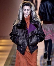 Veste bomber Jean Paul Gaultier cuir marron fourrure renard peau de mouton FW...