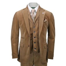 Hommes Velours 3 Pièce Costume Fauve Classique Coupe Ajustée Gilet Veste