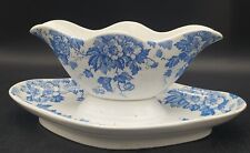 SAUCIERE ANCIENNE FAIENCE SAINT AMAND ET HAMAGE DECOR BLEU ANEMONES 1900