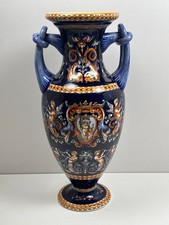 Ancien Grand Vase Amphore en Faïence de GIEN Décor Renaissance Fond Bleu H.41cm
