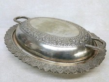 Antique Silverplate Serving Dish Covered Tray Floral Motif