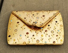 Superbe poudrier vintage métal doré petites fleurs émaillées