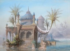 Gouache napolitaine aquarelle tableau Naples palais oriental orientalisme Italie