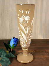 Ancien Vase sur Pied en Verre Opaline Émaillé Peint Main Beige Napoléon III