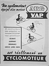 PUBLICITÉ DE PRESSE 1954 CYCLOVAP CYCLOMOTEUR ÉQUIPÉ D'UN MOTEUR VAP ABG