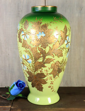 Monumental Antique Enameled Bohemian Moser Vase Green Opaline Hand Painted 19thC