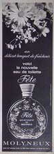 PUBLICITÉ MOLYNEUX EAU DE TOILETTE FÊTE UN DÉLICAT BOUQUET DE FRAÎCHEUR 