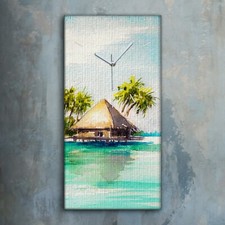 Horloge murale sur toile 30x60 Maison  paysage tropique mer bungalow île cabane