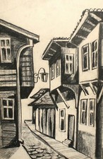 Tableau au fusain paysage maisons de village signé