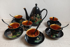 ancien Service à Café Thé Théière Bois Laqué Asie 6 tasse 5 soucoupe 6 cuillère