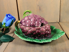 Antique French Majolica Lidded Dish Jam Jar Sarreguemines Grapes Art Nouveau