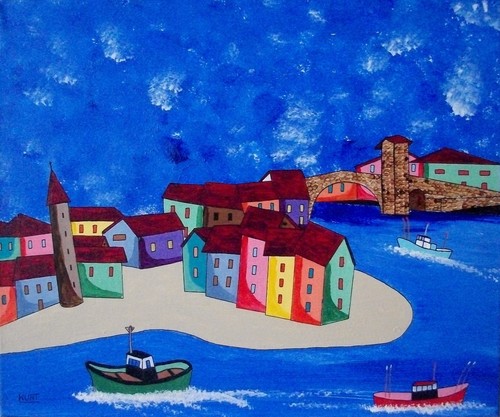 Tableau naif village basque - tableau,
