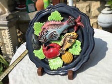 assiette décorative trompe l oeil barbotine poisson coquillage vintage vallauris