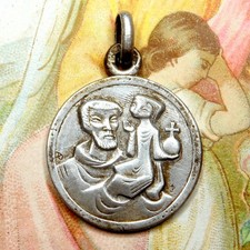 Saint Christopher and Jesus. Antique Religious Silver Pendant. French Medal.