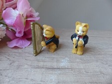 Figurine deux miniatures chats musiciens Harpiste et Flutiste en résine Vintage