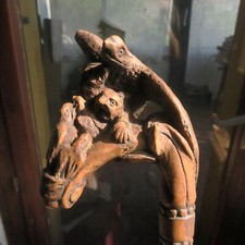 CANNE ART POPULAIRE SCULPTEE   4 OISEAUX et HOMME