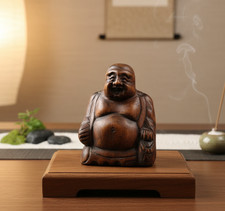 Bouddha Rieur Sculpté à la Main en Bois Exotique – Statue Hotei Vintage