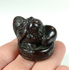 Antique Japanese Boxwood Netsuke of  Cockerel and Chick on Drum , Signed