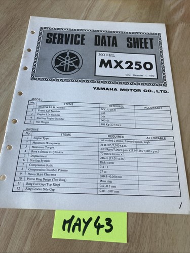 Yamaha mx250 type 364 - mx250, fiche