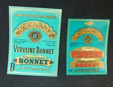 2 ETIQUETTES ANCIENNES VERVEINE BONNET LE PUY EN VELAY LIQUEUR BISTROT