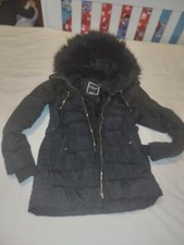 Doudoune Veste Manteau Élégant Noir Fausse Fourrure T 38 40