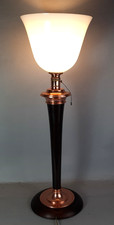 Ancienne grande lampe Mazda opaline bois & cuivre, 77 cm Bel état C801
