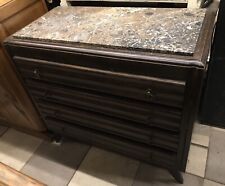 Ancienne Commode Vintage Bois Teinte Foncé Plateau Marbre Gris Rose 4 tiroirs