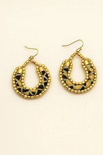 Boucles d'Oreilles Ethniques Dorées Perles Noires et Vert Kaki Créoles Goutte Tr