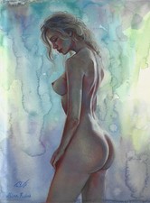 belle femme nue debout  , tableau original 30 x 40  aquarelle  NUDE AKT curiosa