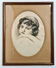 Tableau dessin religieux portrait d´un enfant fusain signature à identifier 1907