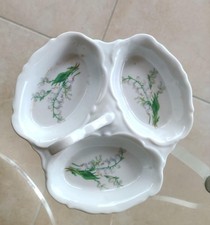 Desserte en porcelaine 3 compartiments décor bouquets de muguets